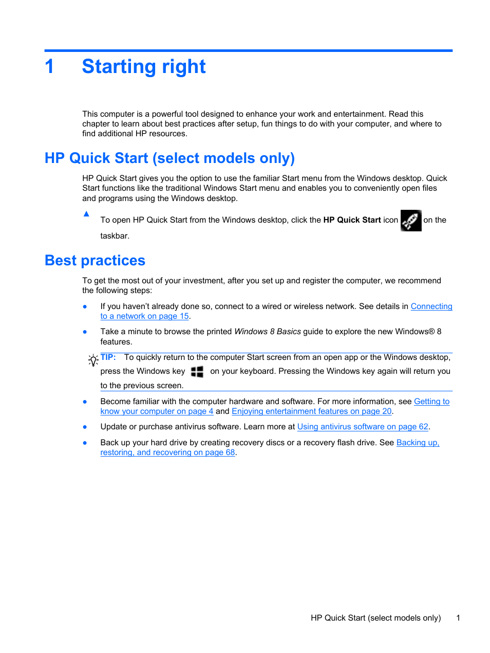 Starting right, Hp quick start (select models only), Best practices | 1 starting right, Hp quick start (select models only) best practices, 1starting right | HP Pavilion 15-e043cl Notebook PC User Manual | Page 11 / 89