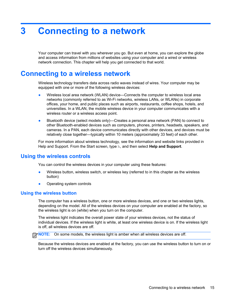 Connecting to a network, Connecting to a wireless network, Using the wireless controls | Using the wireless button, 3 connecting to a network, Connecting, 3connecting to a network | HP Pavilion 15-e043cl Notebook PC User Manual | Page 25 / 89