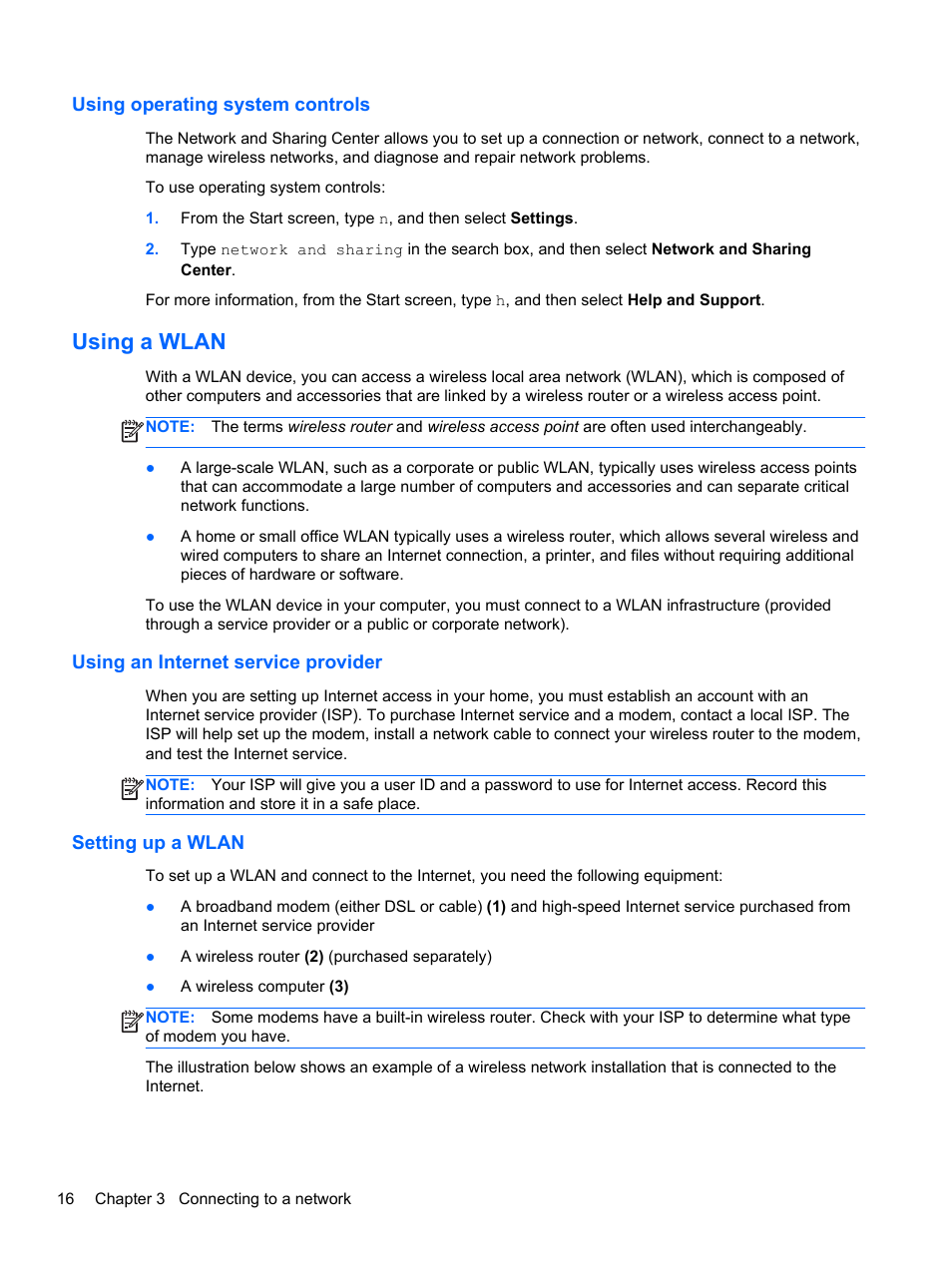 Using operating system controls, Using a wlan, Using an internet service provider | Setting up a wlan | HP Pavilion 15-e043cl Notebook PC User Manual | Page 26 / 89