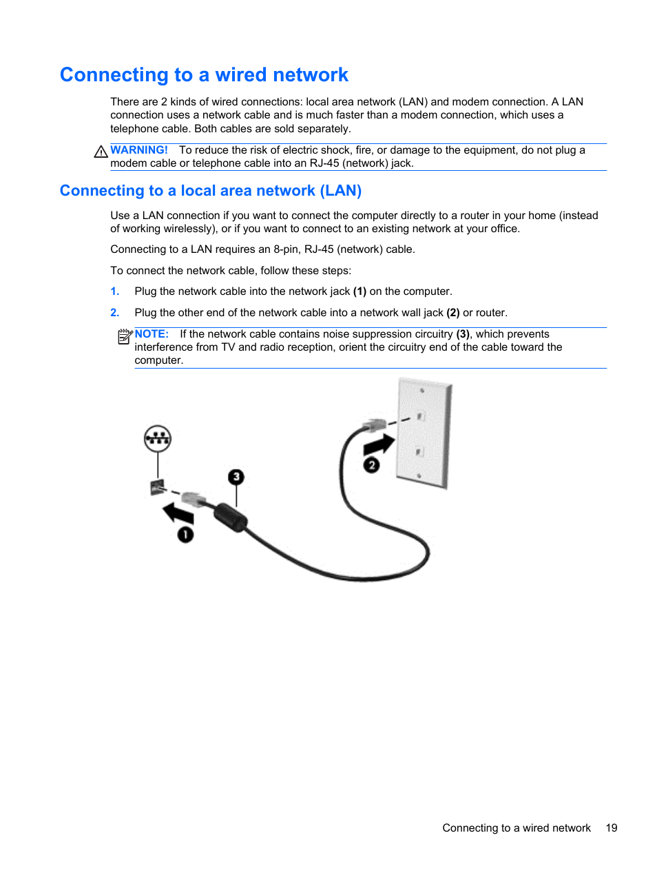 Connecting to a wired network, Connecting to a local area network (lan) | HP Pavilion 15-e043cl Notebook PC User Manual | Page 29 / 89