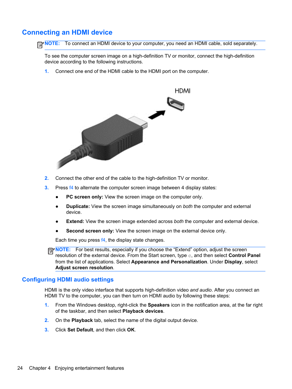 Connecting an hdmi device, Configuring hdmi audio settings, Connecting | HP Pavilion 15-e043cl Notebook PC User Manual | Page 34 / 89