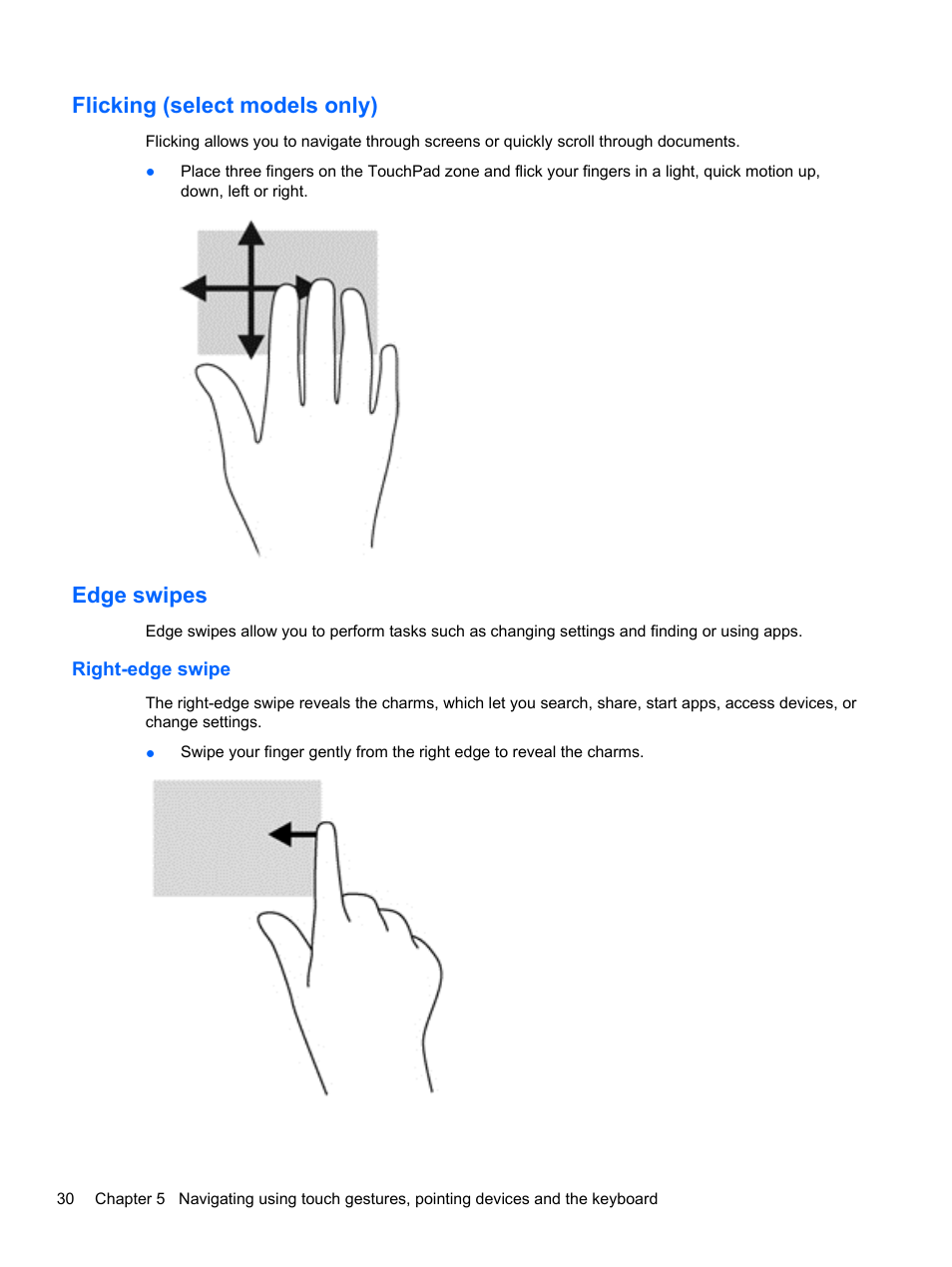 Flicking (select models only), Edge swipes, Right-edge swipe | Flicking (select models only) edge swipes | HP Pavilion 15-e043cl Notebook PC User Manual | Page 40 / 89