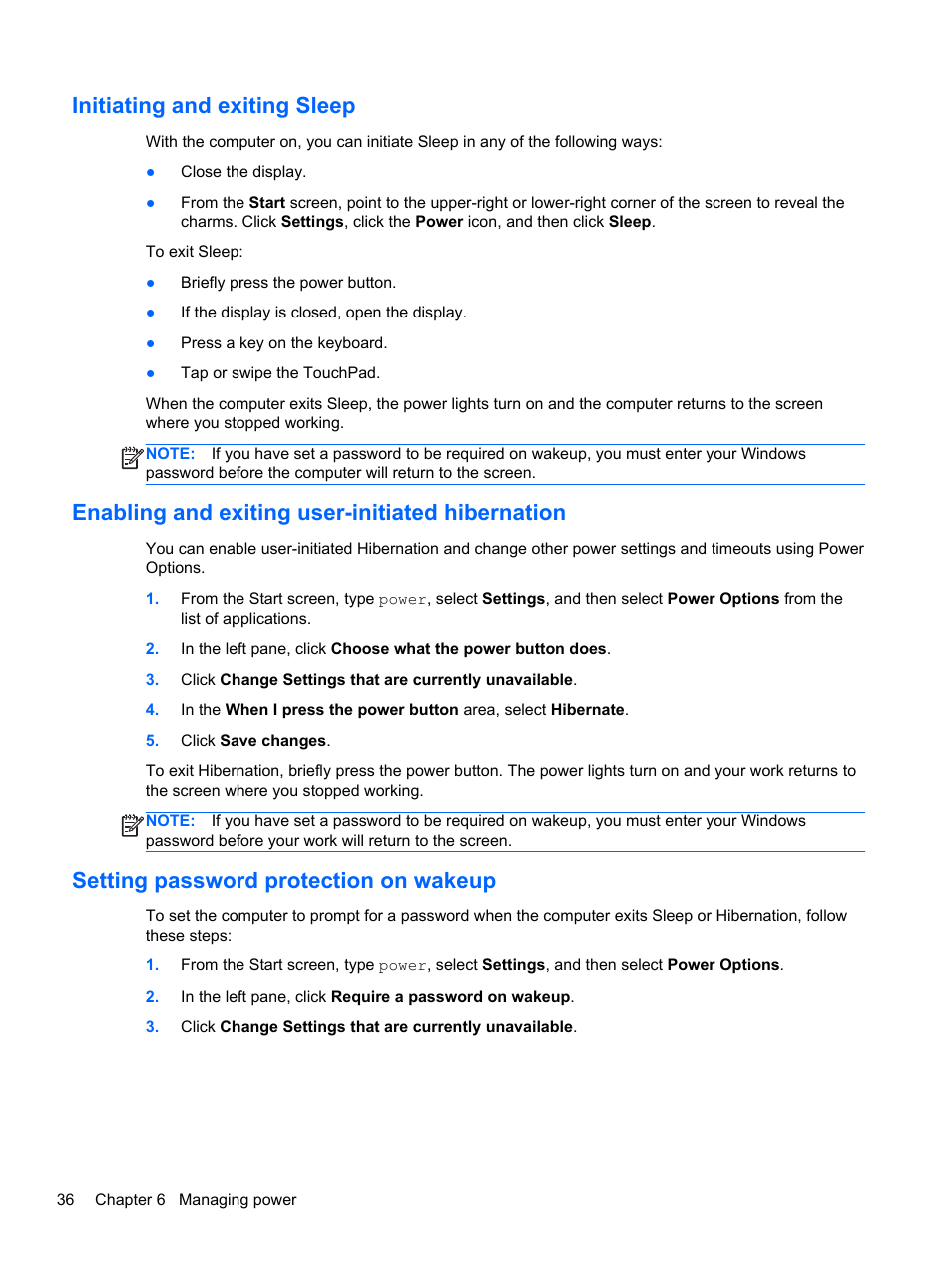 Initiating and exiting sleep, Enabling and exiting user-initiated hibernation, Setting password protection on wakeup | Initiating and, Information, see | HP Pavilion 15-e043cl Notebook PC User Manual | Page 46 / 89