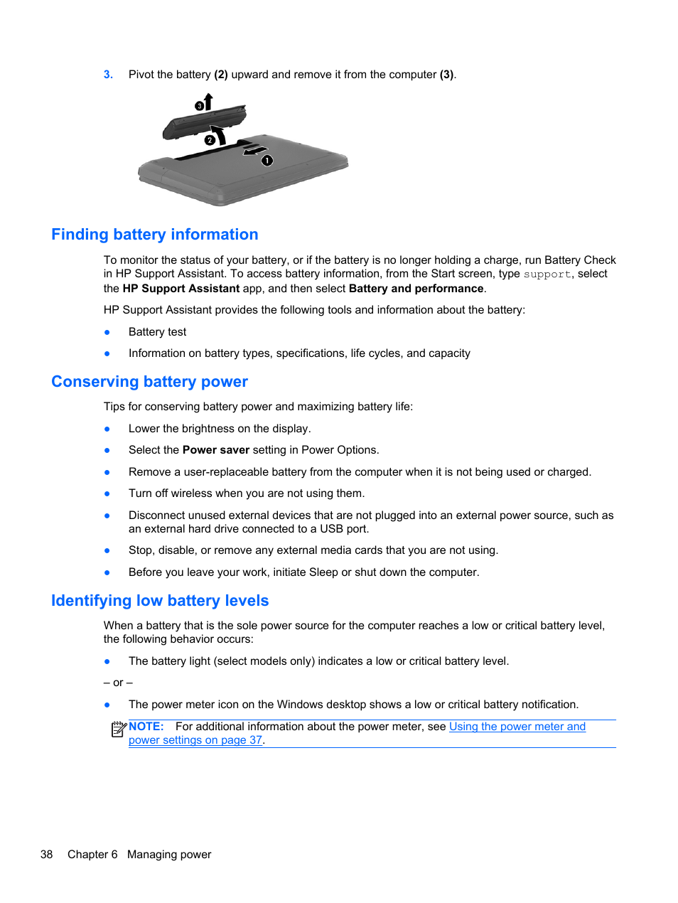 Finding battery information, Conserving battery power, Identifying low battery levels | HP Pavilion 15-e043cl Notebook PC User Manual | Page 48 / 89