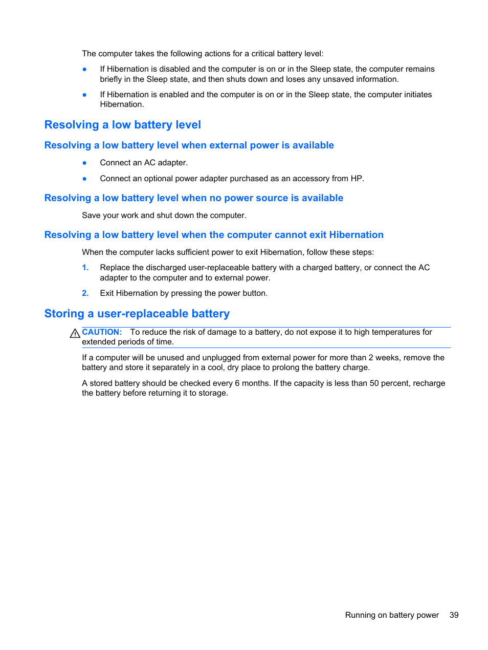 Resolving a low battery level, Storing a user-replaceable battery | HP Pavilion 15-e043cl Notebook PC User Manual | Page 49 / 89