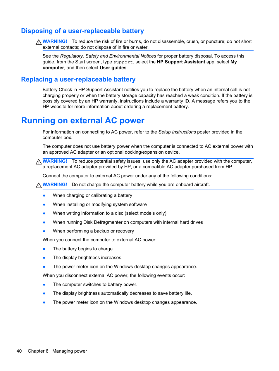 Disposing of a user-replaceable battery, Replacing a user-replaceable battery, Running on external ac power | HP Pavilion 15-e043cl Notebook PC User Manual | Page 50 / 89