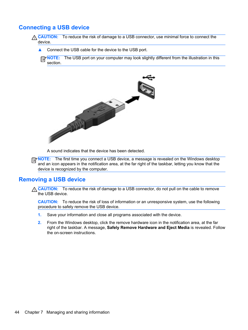 Connecting a usb device, Removing a usb device, Connecting a usb device removing a usb device | HP Pavilion 15-e043cl Notebook PC User Manual | Page 54 / 89
