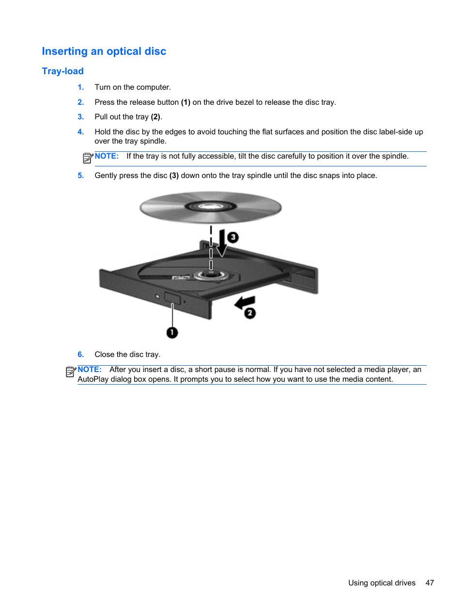 Inserting an optical disc, Tray-load | HP Pavilion 15-e043cl Notebook PC User Manual | Page 57 / 89