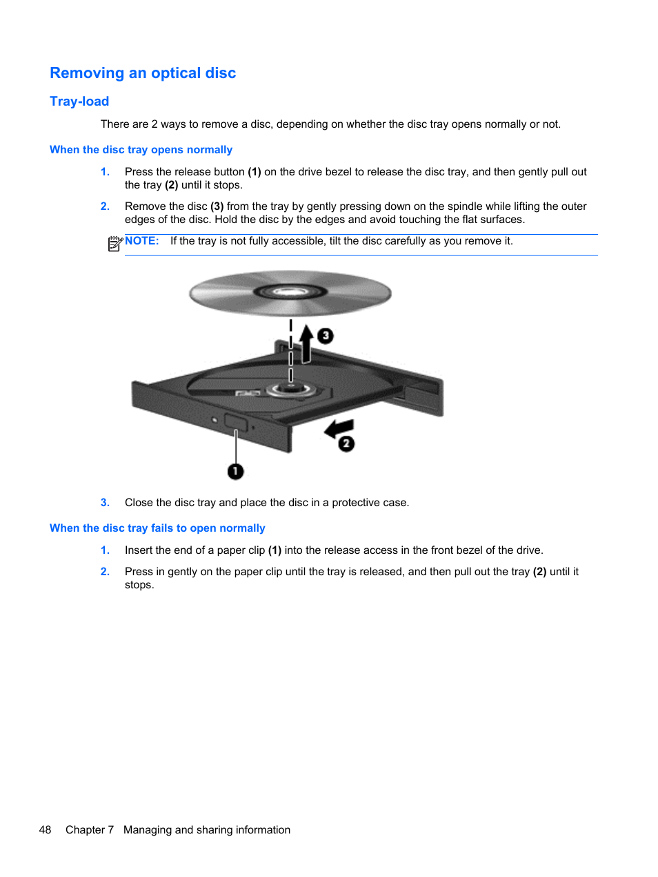 Removing an optical disc, Tray-load, When the disc tray opens normally | When the disc tray fails to open normally | HP Pavilion 15-e043cl Notebook PC User Manual | Page 58 / 89