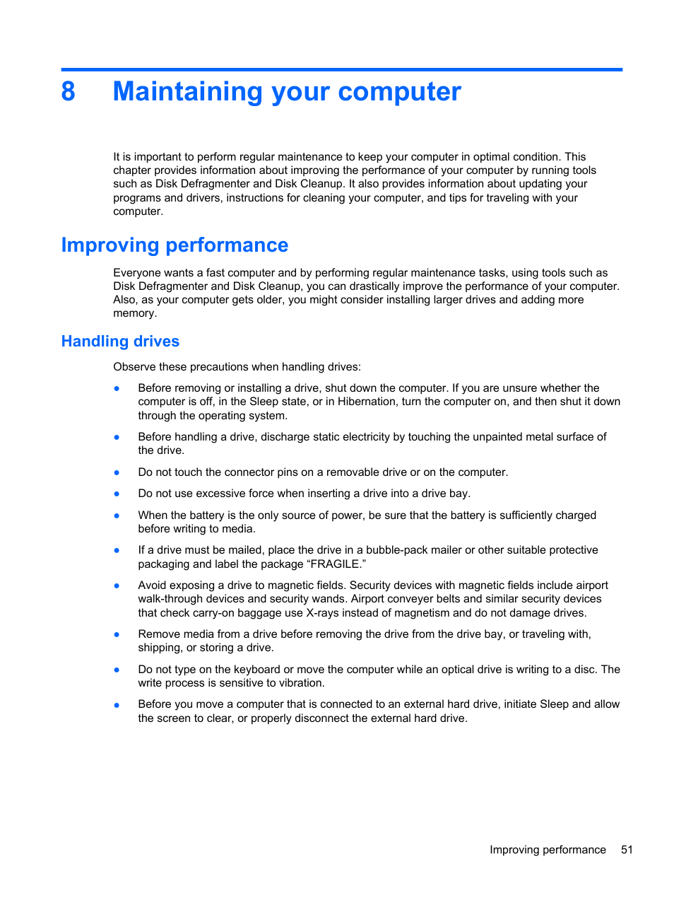 Maintaining your computer, Improving performance, Handling drives | 8 maintaining your computer, 8maintaining your computer | HP Pavilion 15-e043cl Notebook PC User Manual | Page 61 / 89