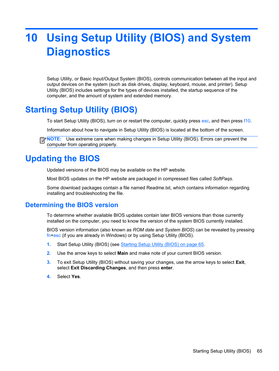 Using setup utility (bios) and system diagnostics, Starting setup utility (bios), Updating the bios | Determining the bios version, Starting setup utility (bios) updating the bios | HP Pavilion 15-e043cl Notebook PC User Manual | Page 75 / 89