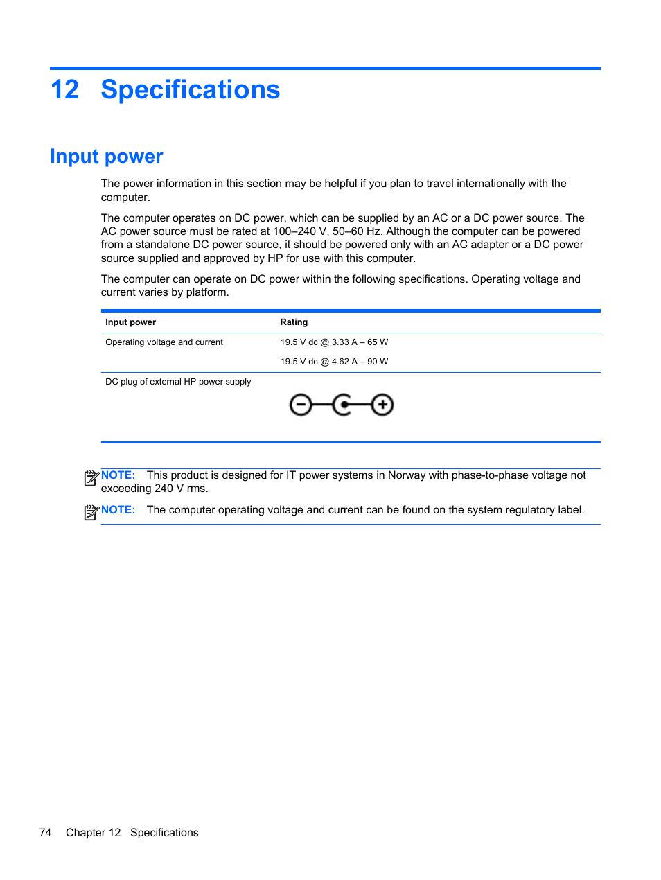 Specifications, Input power, 12 specifications | HP Pavilion 15-e043cl Notebook PC User Manual | Page 84 / 89