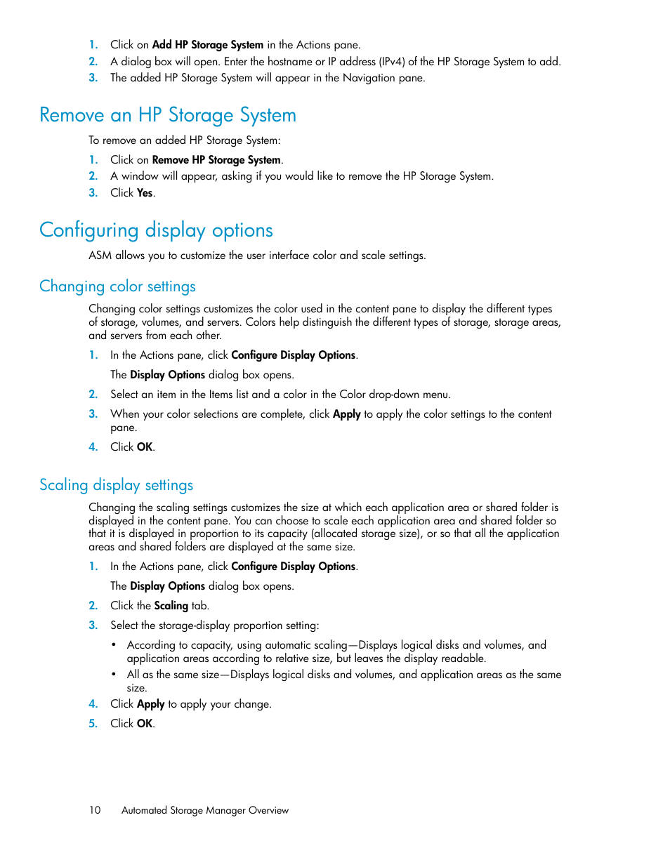 Remove an hp storage system, Configuring display options, 10 configuring display options | Changing color settings, Scaling display settings | HP X1000 Network Storage Systems User Manual | Page 10 / 62