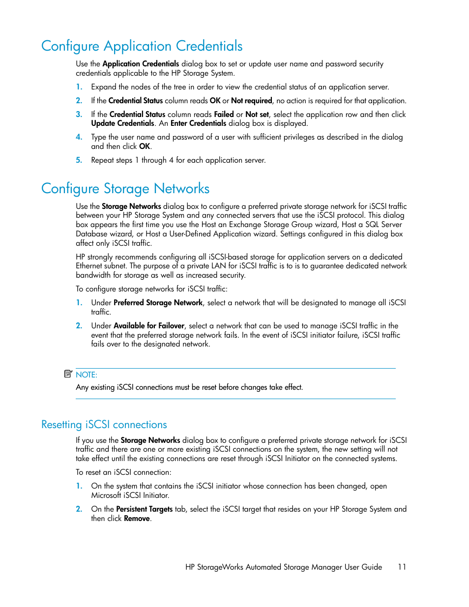 Configure application credentials, Configure storage networks, Resetting iscsi connections | 11 configure storage networks | HP X1000 Network Storage Systems User Manual | Page 11 / 62