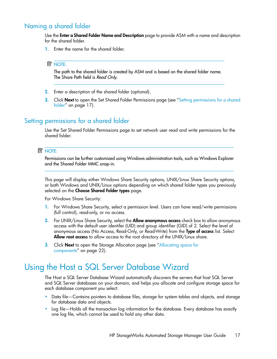 Naming a shared folder, Setting permissions for a shared folder, Using the host a sql server database wizard | 17 setting permissions for a shared folder, Using the host a sql server database wiz, Using the host a sql server, Database wizard | HP X1000 Network Storage Systems User Manual | Page 17 / 62