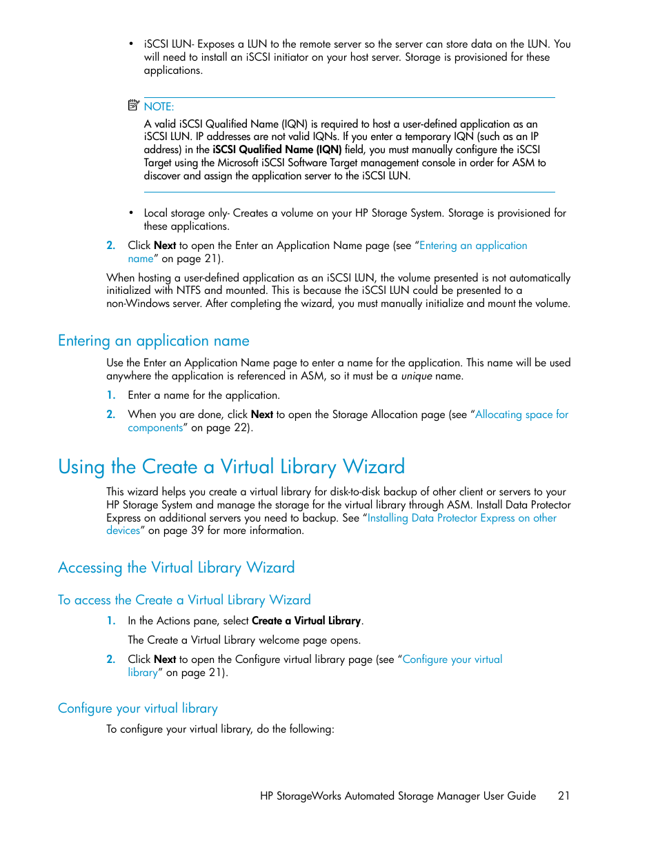 Entering an application name, Using the create a virtual library wizard, Accessing the virtual library wizard | Configure your virtual library, Using the create a virtual library, Wizard | HP X1000 Network Storage Systems User Manual | Page 21 / 62