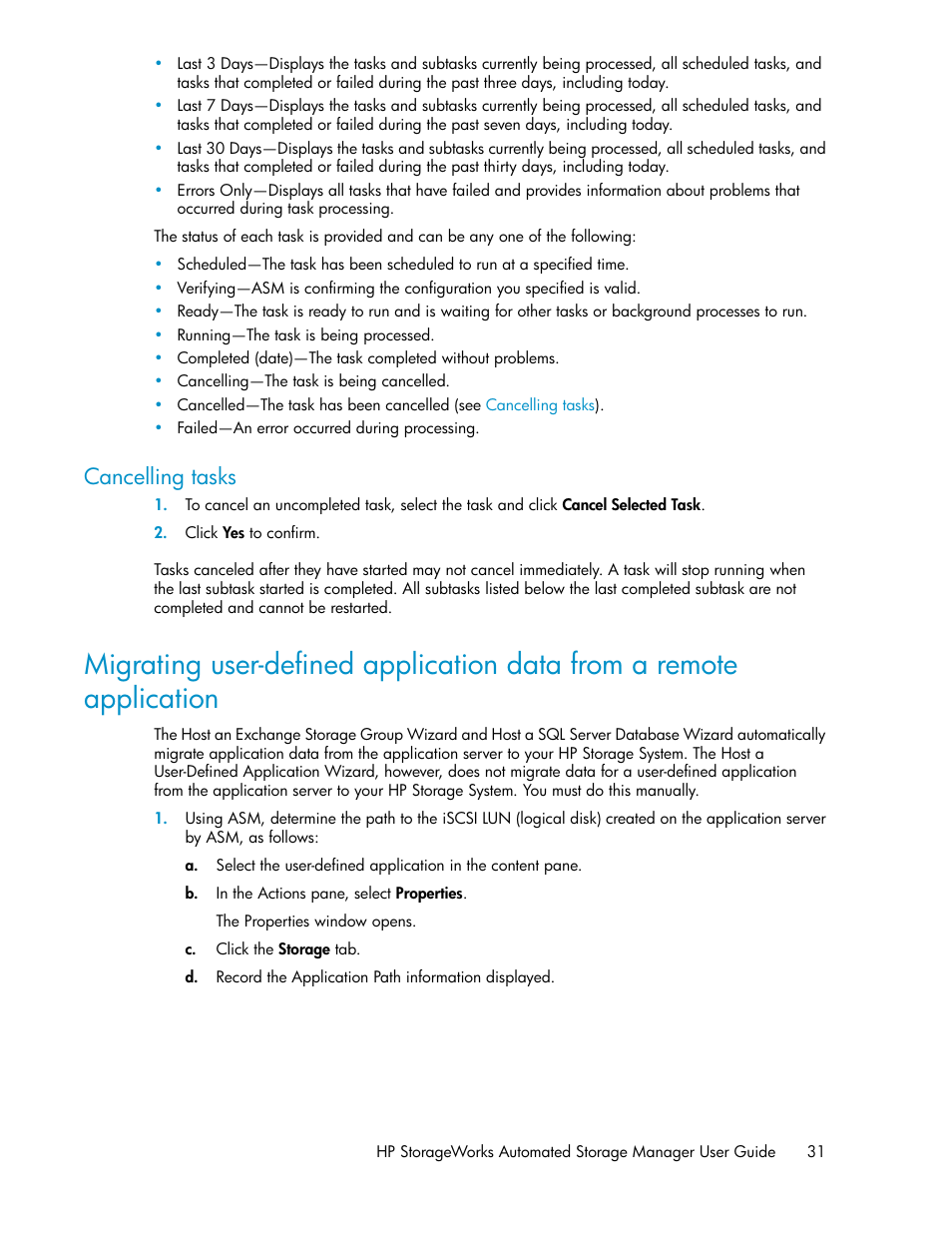 Cancelling tasks, Migrating user-defined application, Data from a remote application | Migrating user, Defined application data from a remote application | HP X1000 Network Storage Systems User Manual | Page 31 / 62