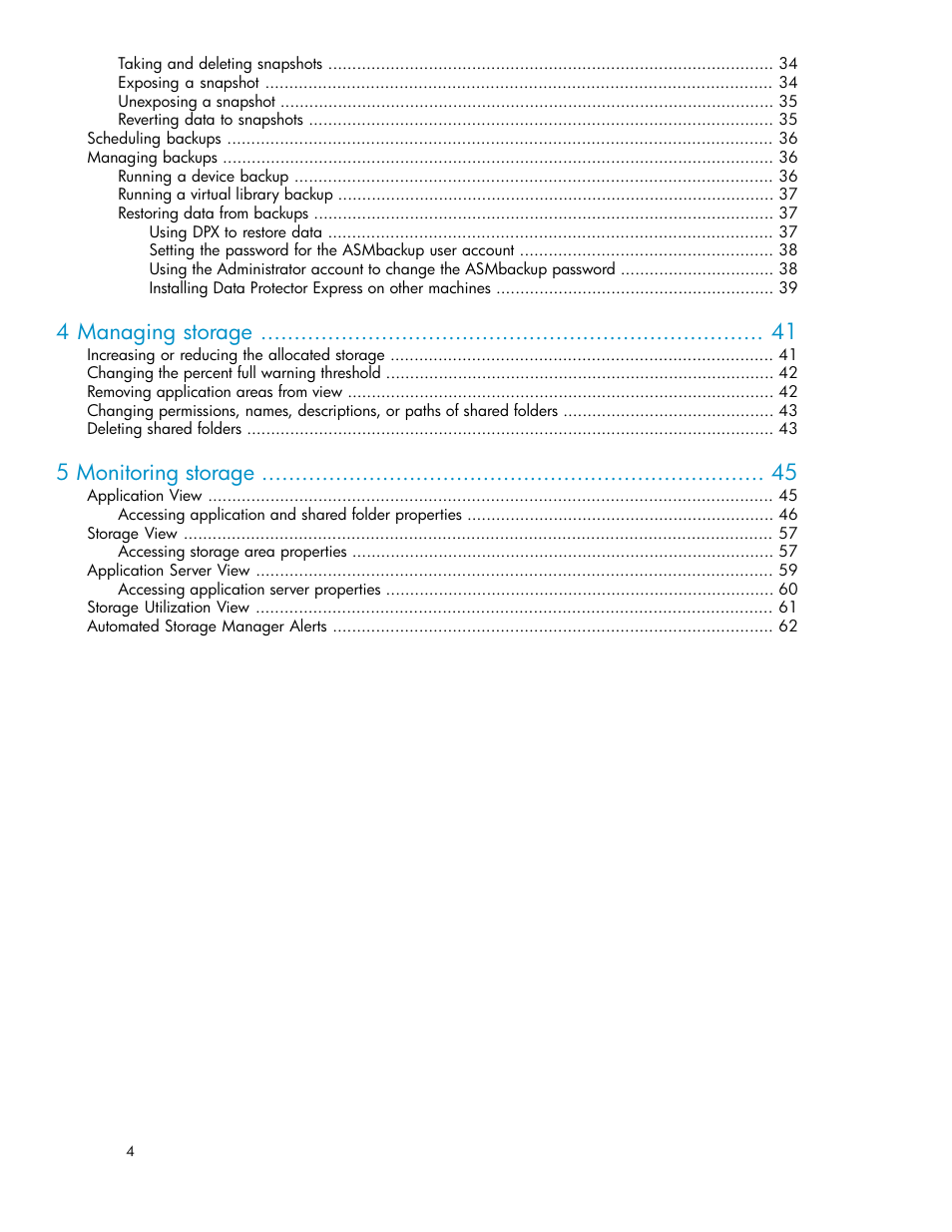 4 managing storage, 5 monitoring storage | HP X1000 Network Storage Systems User Manual | Page 4 / 62