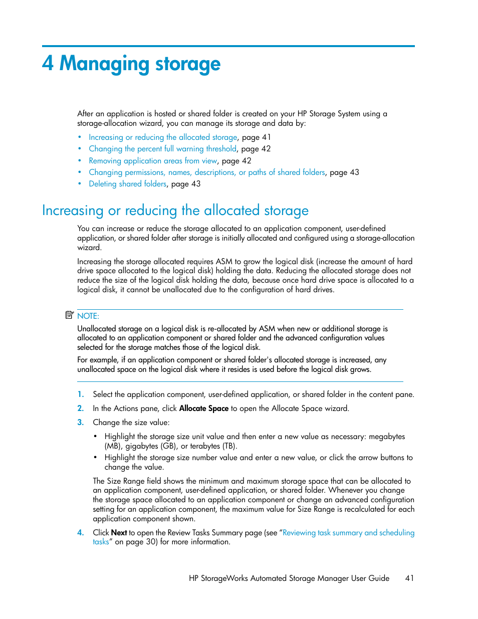 4 managing storage, Increasing or reducing the allocated storage, Managing storage | HP X1000 Network Storage Systems User Manual | Page 41 / 62