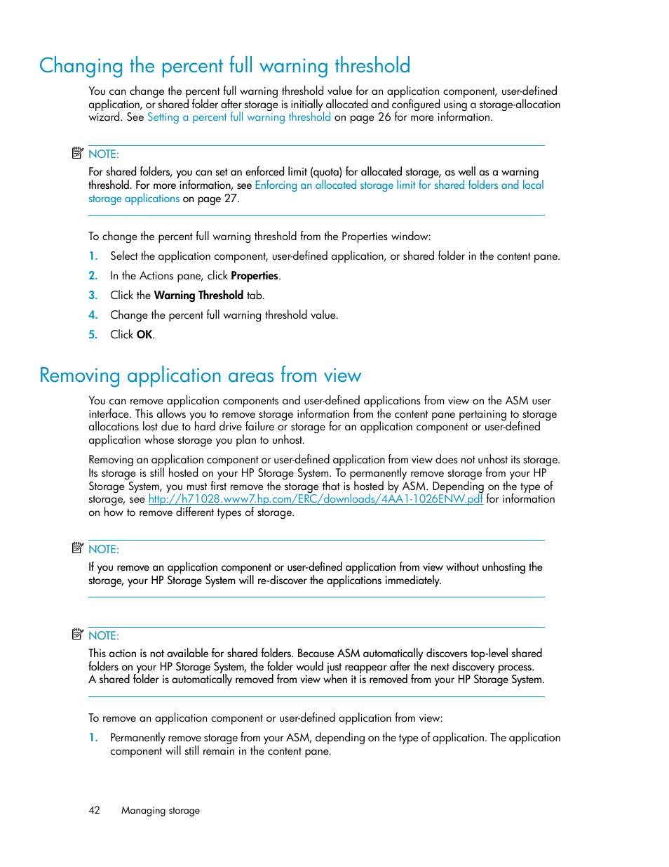 Changing the percent full warning threshold, Removing application areas from view, 42 removing application areas from view | HP X1000 Network Storage Systems User Manual | Page 42 / 62