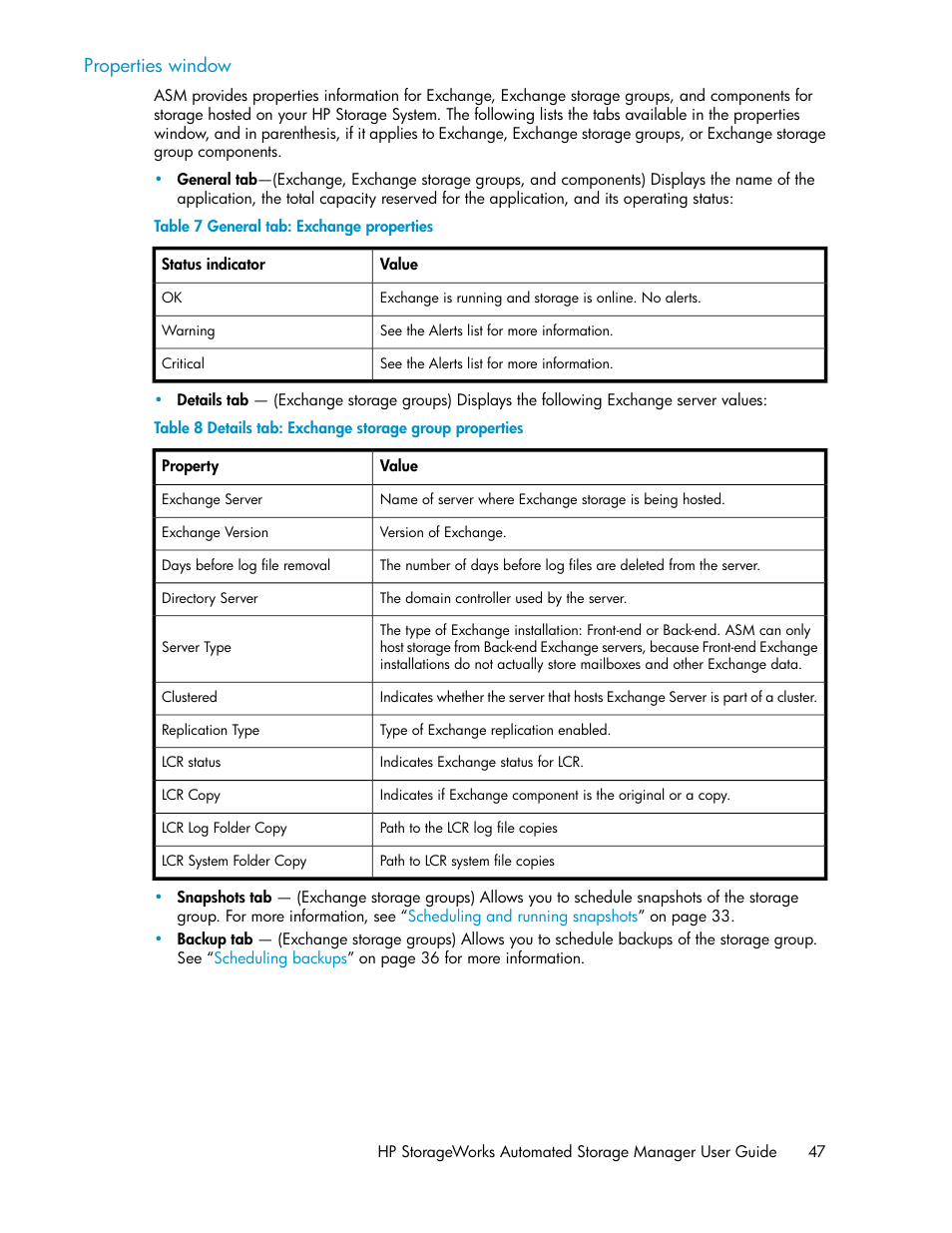 General tab: exchange properties, Details tab: exchange storage group properties, Properties window | HP X1000 Network Storage Systems User Manual | Page 47 / 62