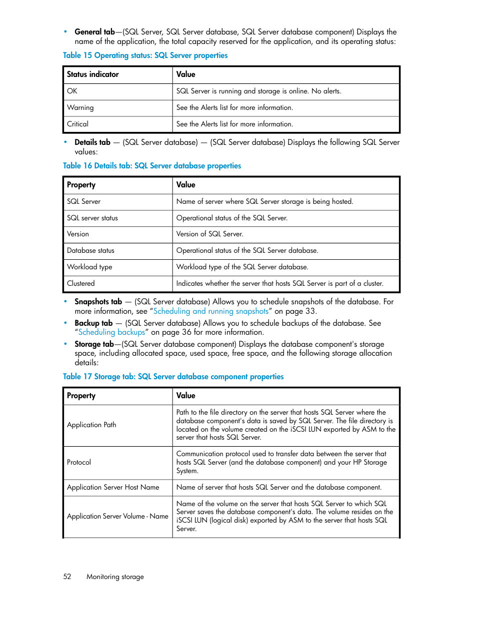 Operating status: sql server properties, Details tab: sql server database properties | HP X1000 Network Storage Systems User Manual | Page 52 / 62