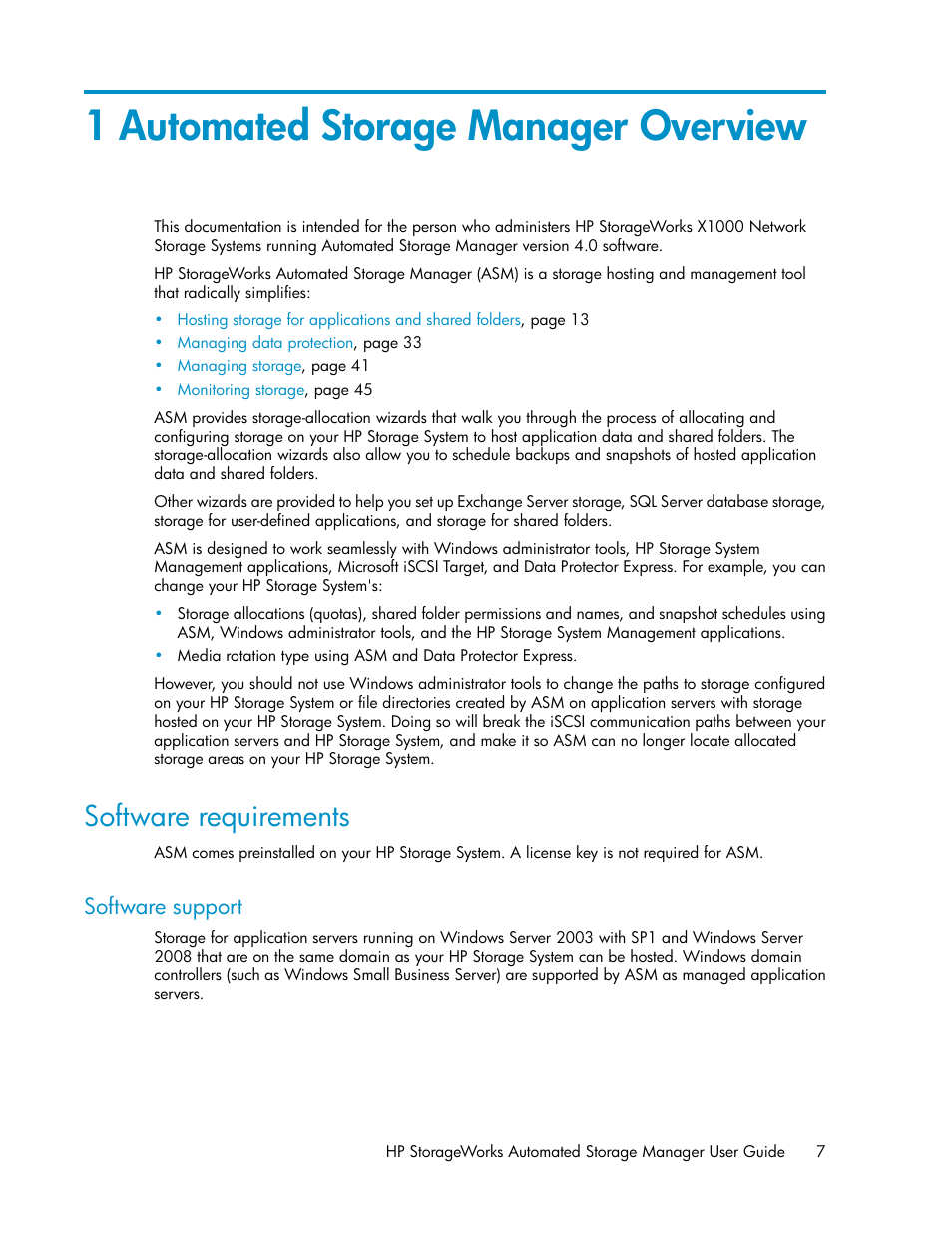 1 automated storage manager overview, Software requirements, Software support | HP X1000 Network Storage Systems User Manual | Page 7 / 62