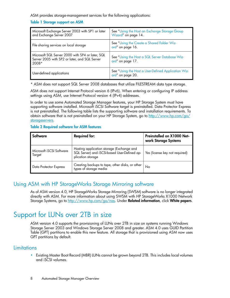 Support for luns over 2tb in size, Storage support on asm, Required software for asm features | Limitations | HP X1000 Network Storage Systems User Manual | Page 8 / 62