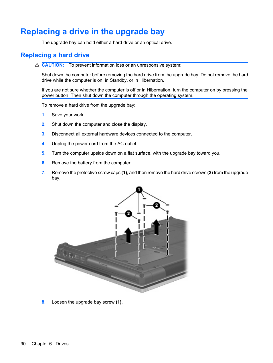 Replacing a drive in the upgrade bay, Replacing a hard drive | HP EliteBook 8540w Mobile Workstation User Manual | Page 102 / 183