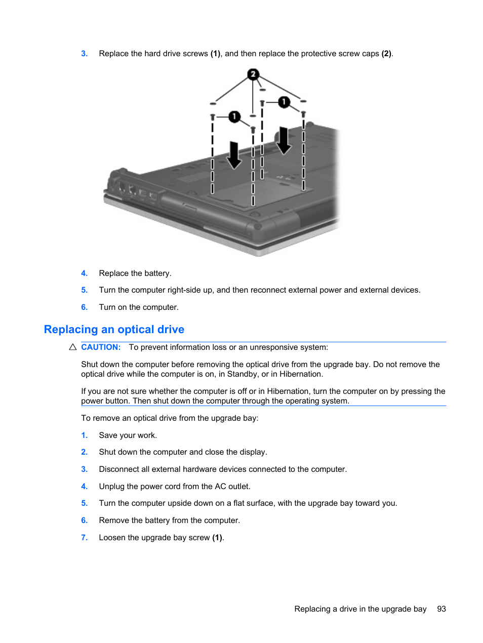 Replacing an optical drive | HP EliteBook 8540w Mobile Workstation User Manual | Page 105 / 183