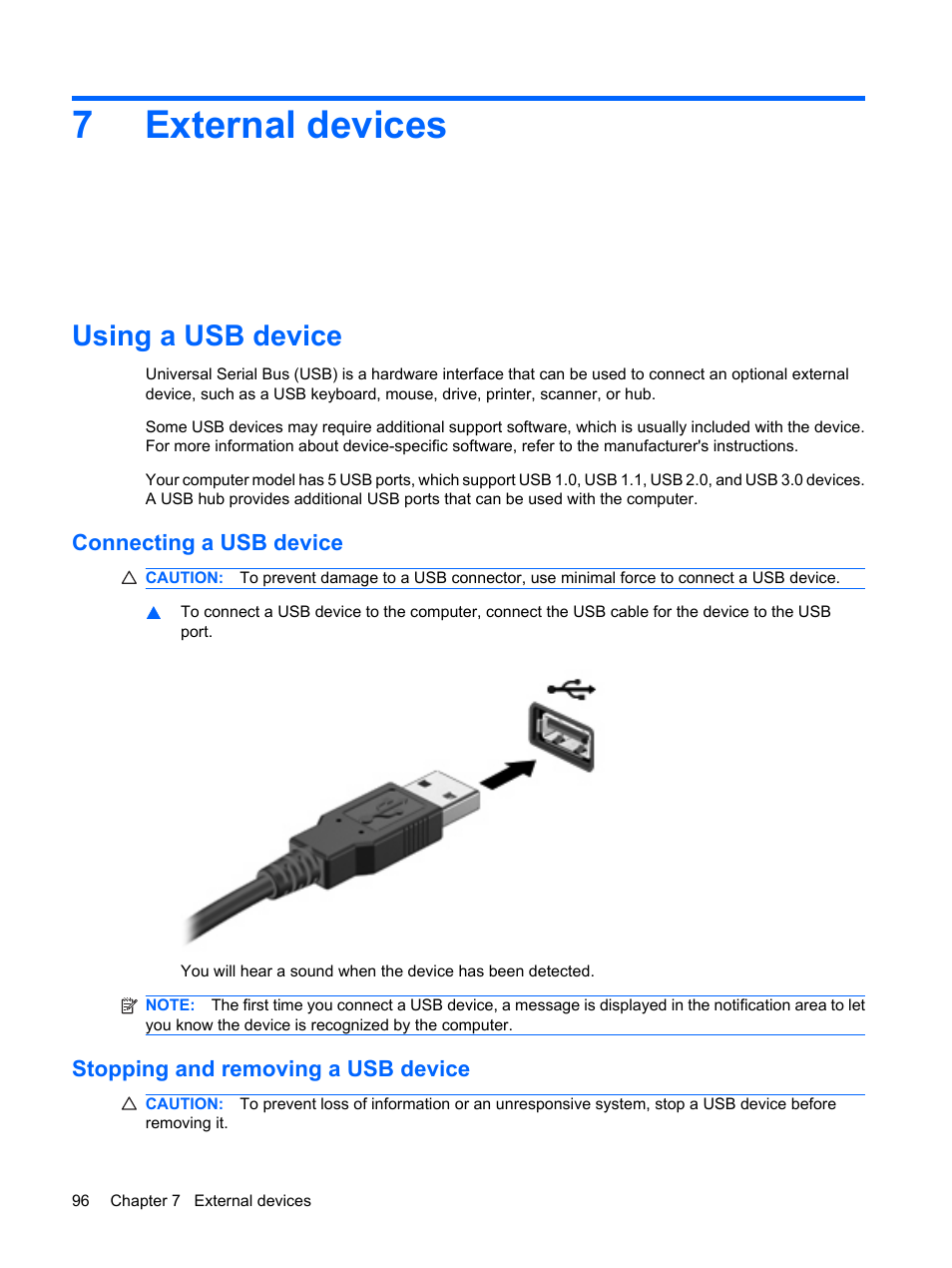 External devices, Using a usb device, Connecting a usb device | Stopping and removing a usb device, 7 external devices, 7external devices | HP EliteBook 8540w Mobile Workstation User Manual | Page 108 / 183