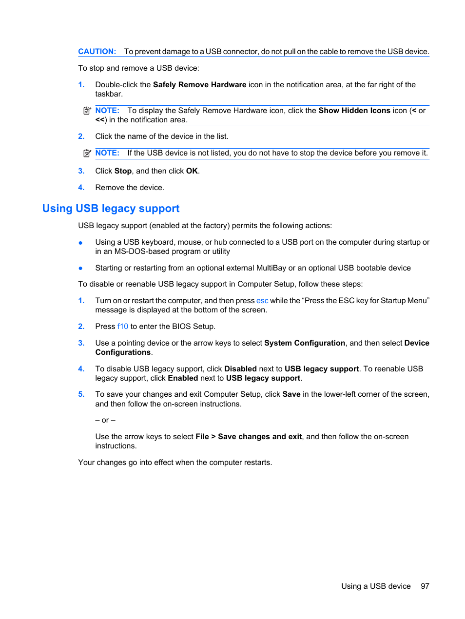 Using usb legacy support | HP EliteBook 8540w Mobile Workstation User Manual | Page 109 / 183