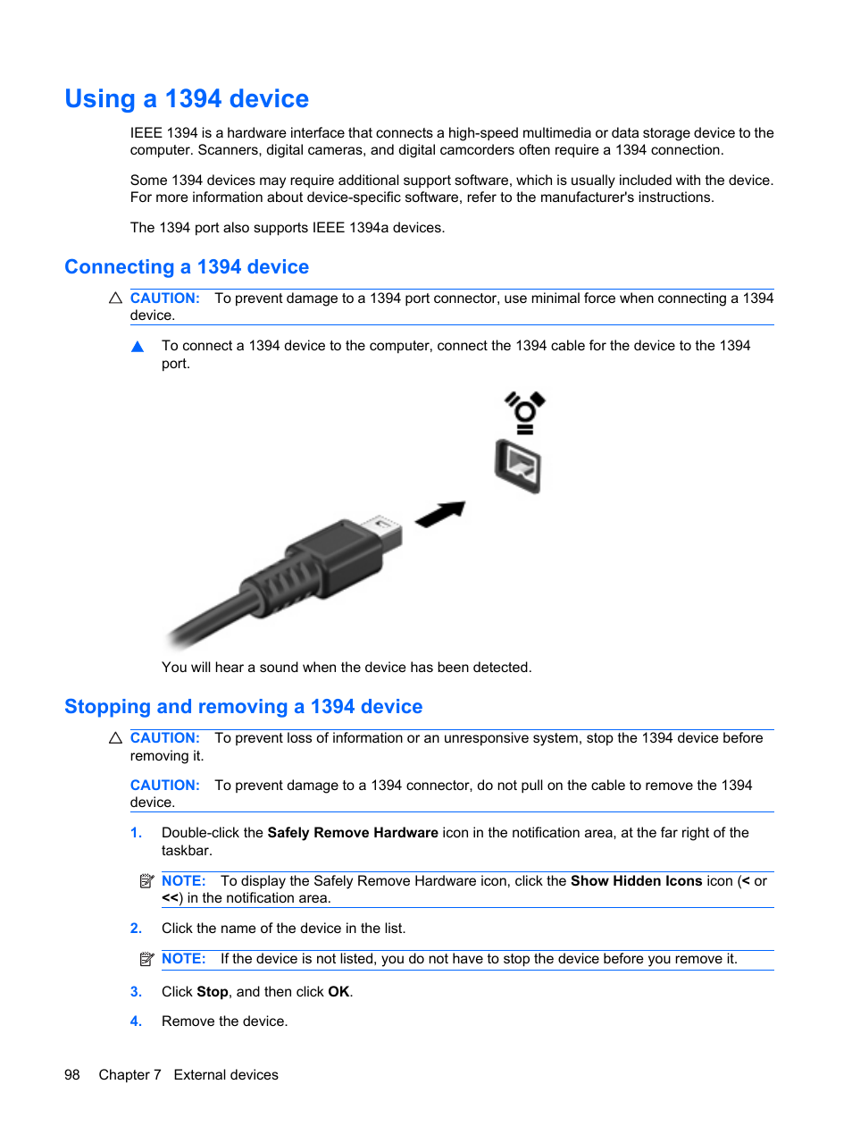 Using a 1394 device, Connecting a 1394 device, Stopping and removing a 1394 device | HP EliteBook 8540w Mobile Workstation User Manual | Page 110 / 183