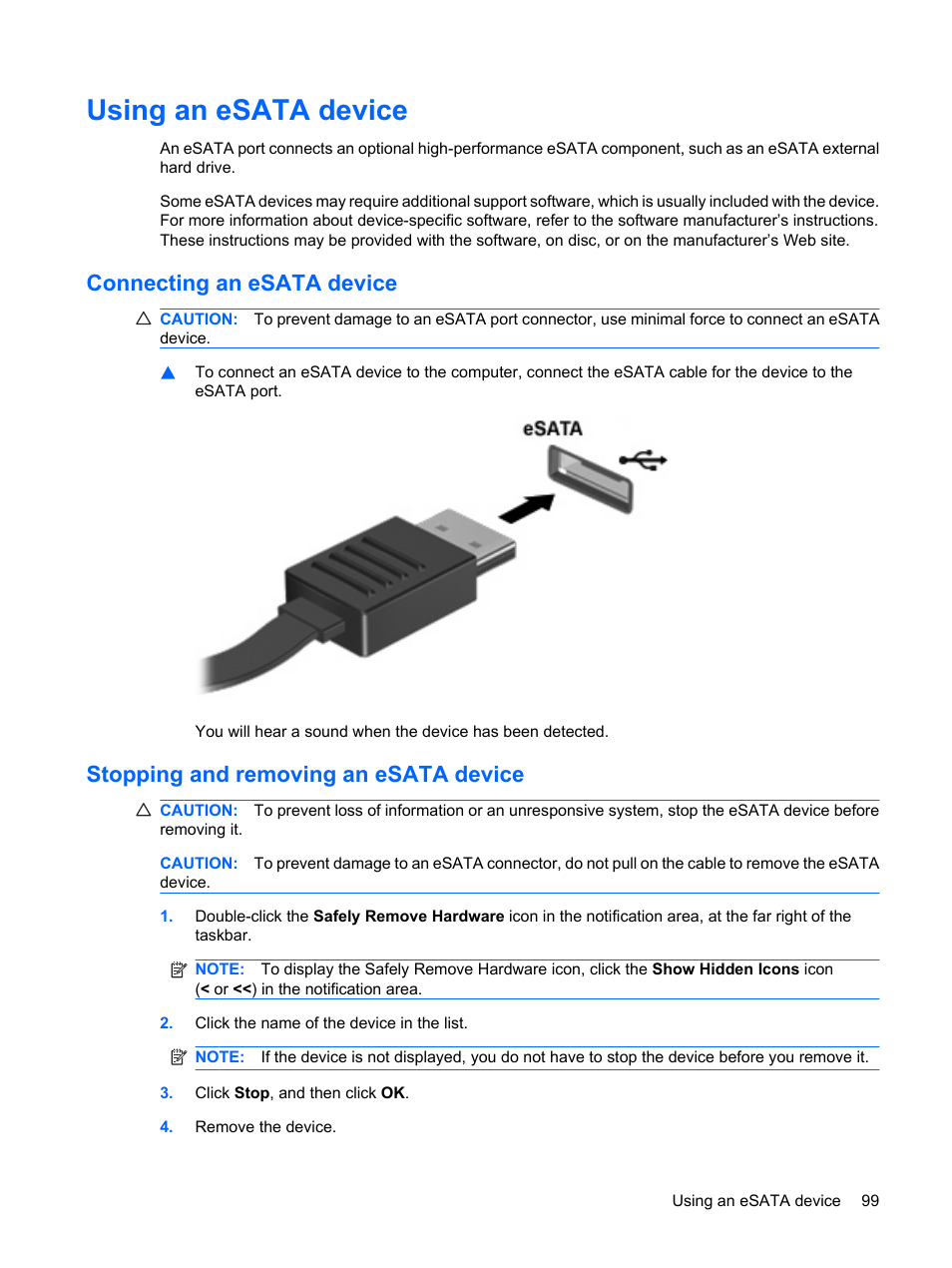 Using an esata device, Connecting an esata device, Stopping and removing an esata device | HP EliteBook 8540w Mobile Workstation User Manual | Page 111 / 183