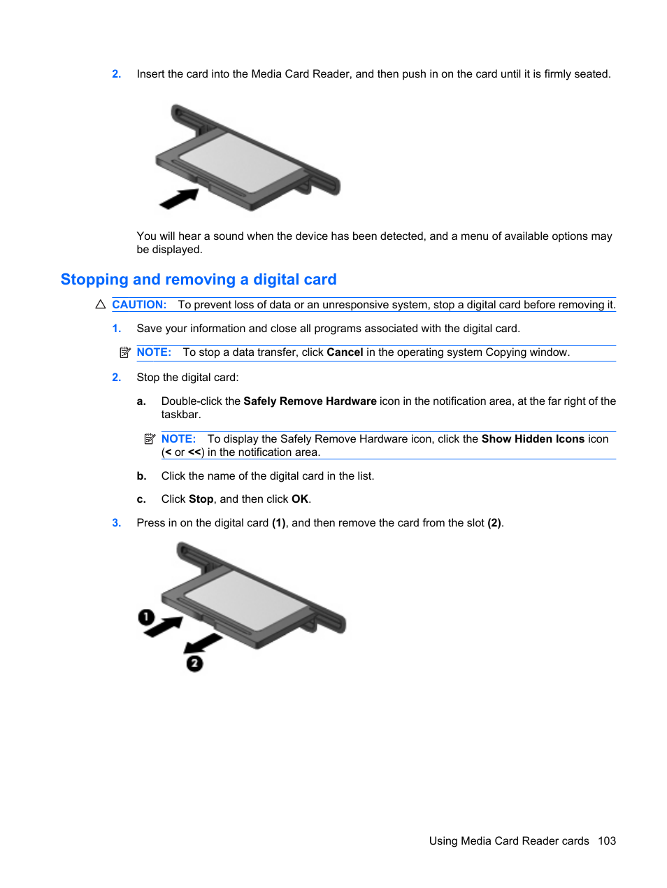 Stopping and removing a digital card | HP EliteBook 8540w Mobile Workstation User Manual | Page 115 / 183