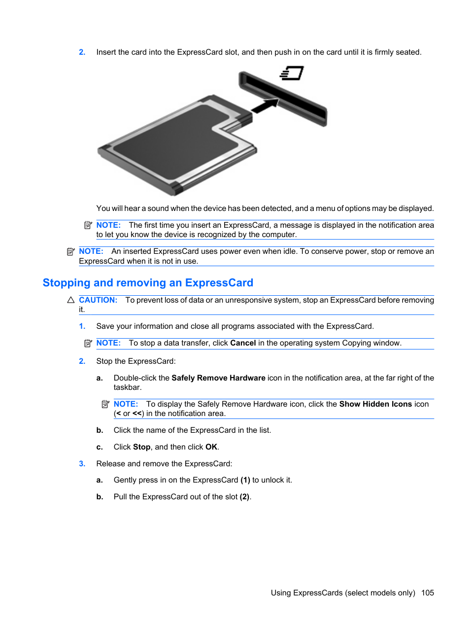 Stopping and removing an expresscard | HP EliteBook 8540w Mobile Workstation User Manual | Page 117 / 183