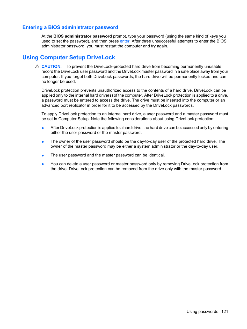 Entering a bios administrator password, Using computer setup drivelock | HP EliteBook 8540w Mobile Workstation User Manual | Page 133 / 183