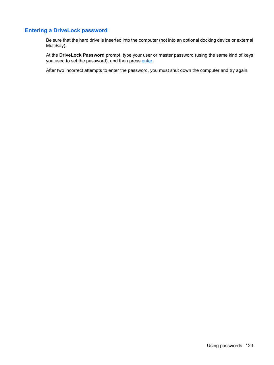 Entering a drivelock password | HP EliteBook 8540w Mobile Workstation User Manual | Page 135 / 183