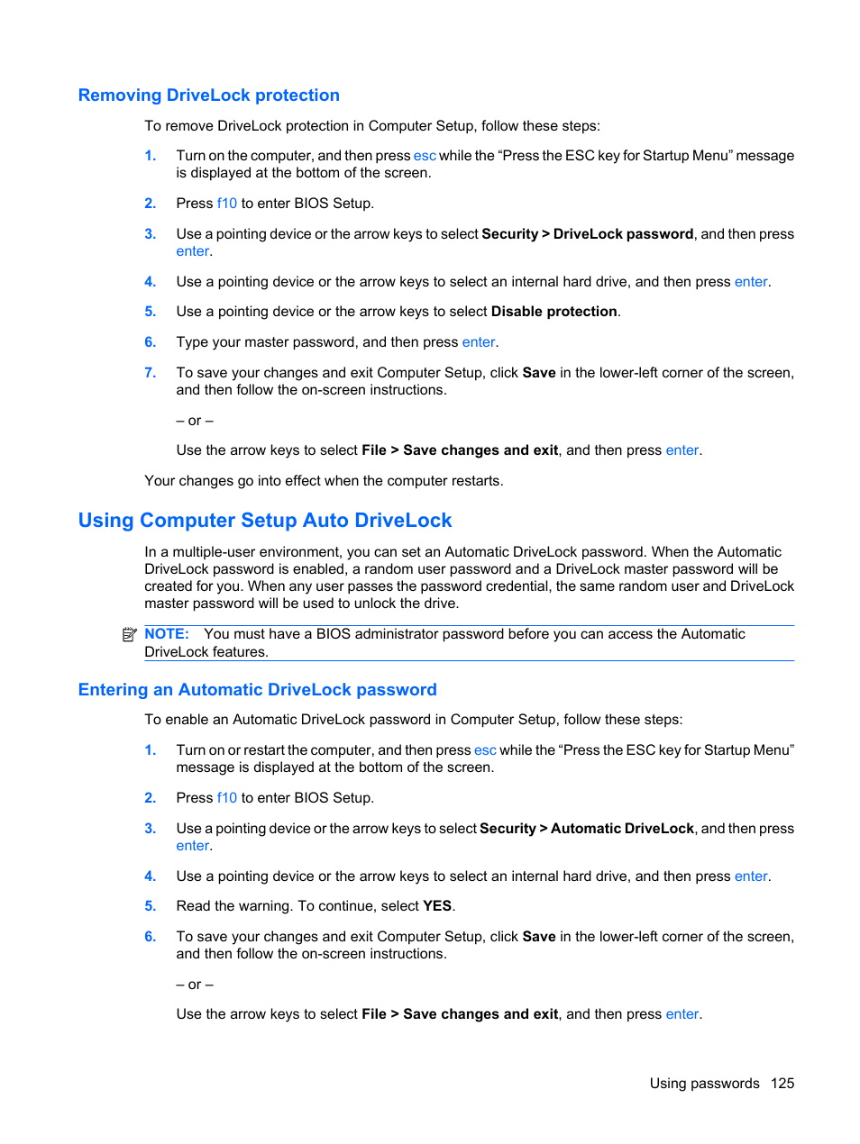 Removing drivelock protection, Using computer setup auto drivelock, Entering an automatic drivelock password | HP EliteBook 8540w Mobile Workstation User Manual | Page 137 / 183