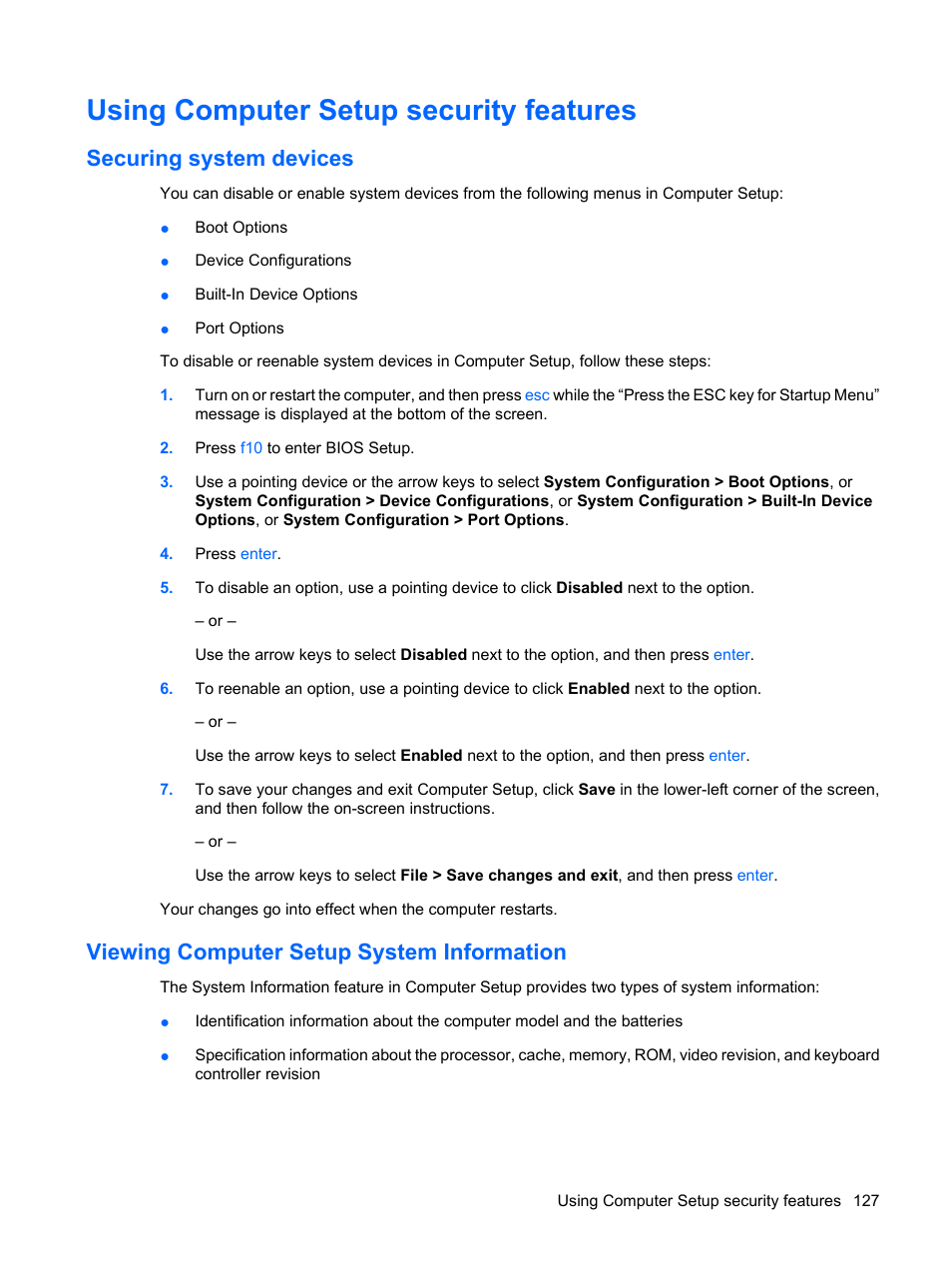 Using computer setup security features, Securing system devices, Viewing computer setup system information | HP EliteBook 8540w Mobile Workstation User Manual | Page 139 / 183