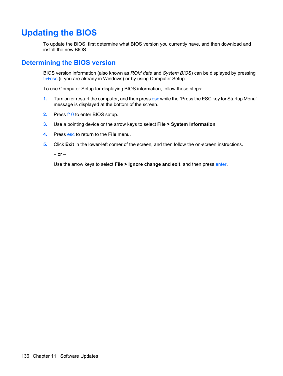 Updating the bios, Determining the bios version | HP EliteBook 8540w Mobile Workstation User Manual | Page 148 / 183