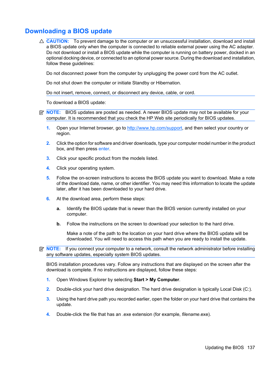 Downloading a bios update | HP EliteBook 8540w Mobile Workstation User Manual | Page 149 / 183