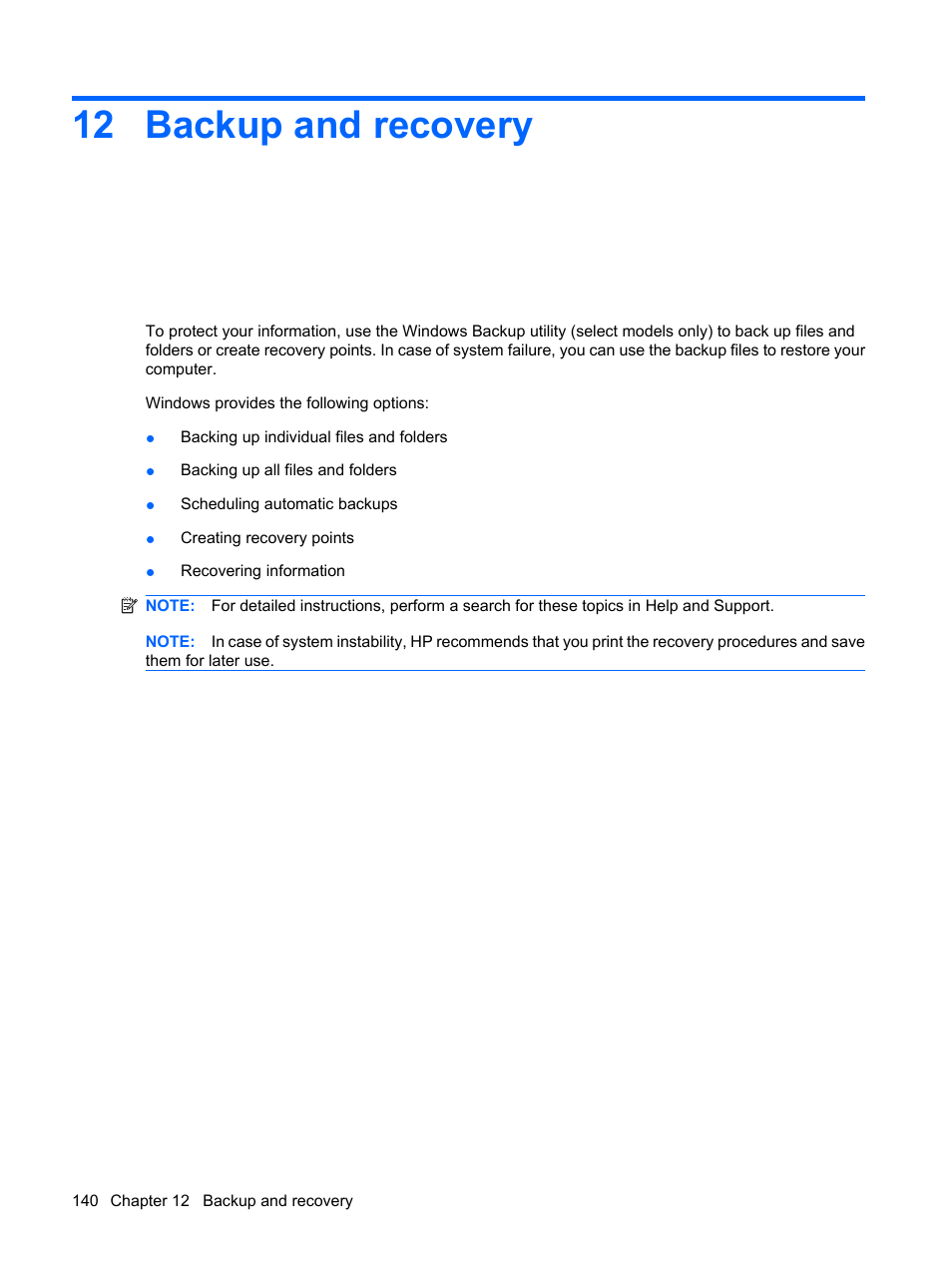 Backup and recovery, 12 backup and recovery | HP EliteBook 8540w Mobile Workstation User Manual | Page 152 / 183