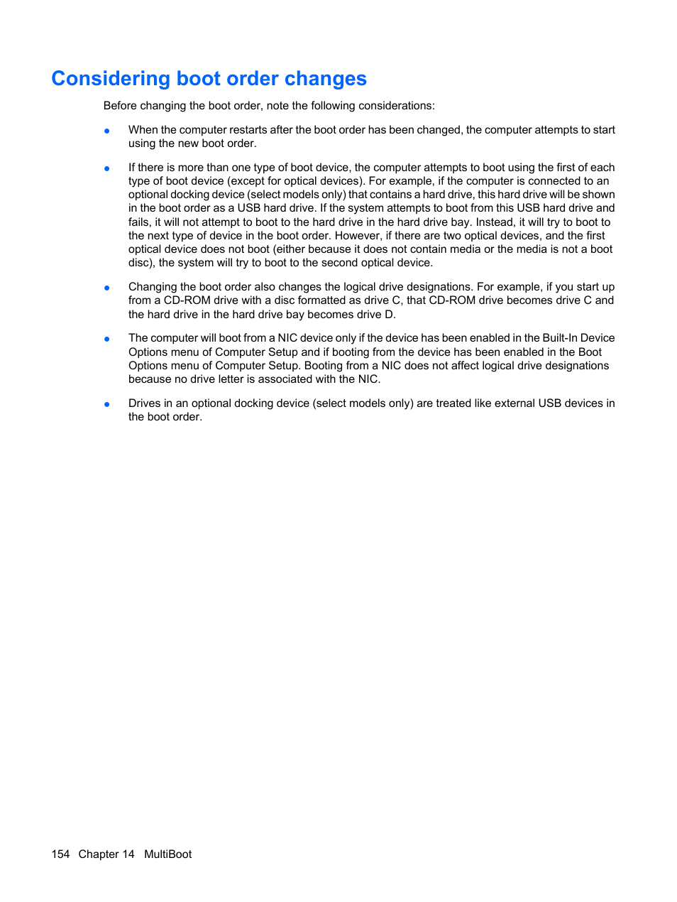 Considering boot order changes | HP EliteBook 8540w Mobile Workstation User Manual | Page 166 / 183