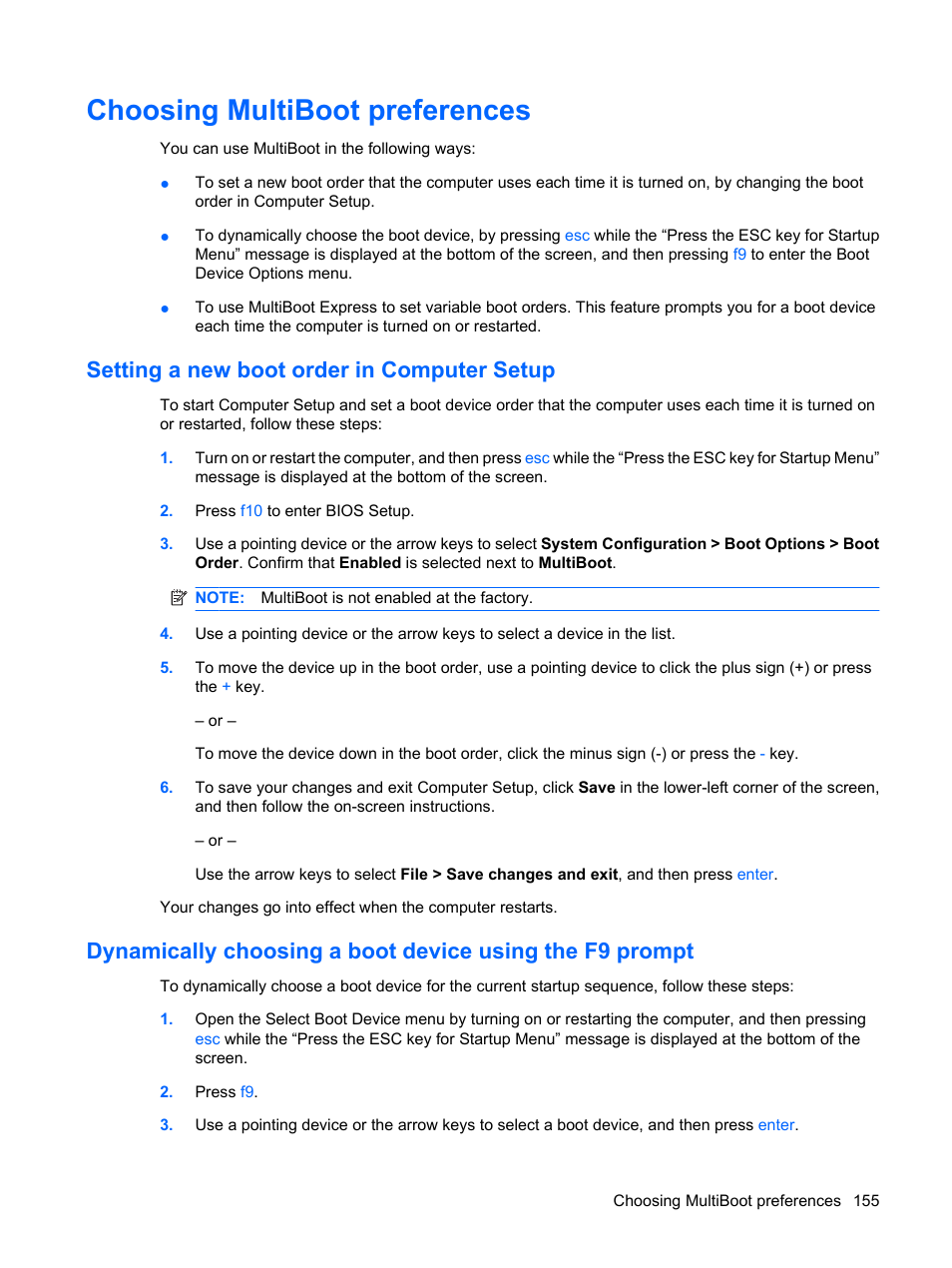 Choosing multiboot preferences, Setting a new boot order in computer setup | HP EliteBook 8540w Mobile Workstation User Manual | Page 167 / 183