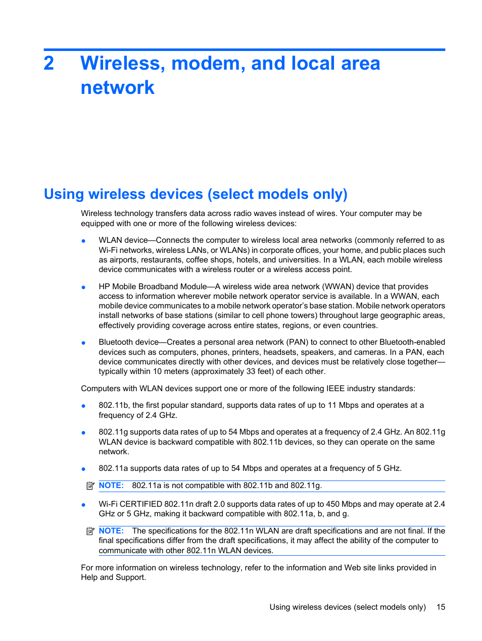 Wireless, modem, and local area network, Using wireless devices (select models only), 2 wireless, modem, and local area network | 2wireless, modem, and local area network | HP EliteBook 8540w Mobile Workstation User Manual | Page 27 / 183