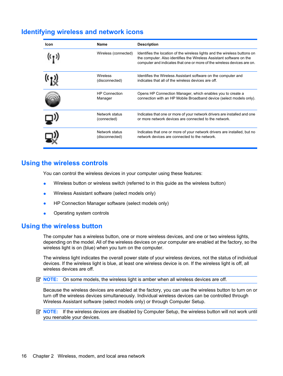 Identifying wireless and network icons, Using the wireless controls, Using the wireless button | HP EliteBook 8540w Mobile Workstation User Manual | Page 28 / 183