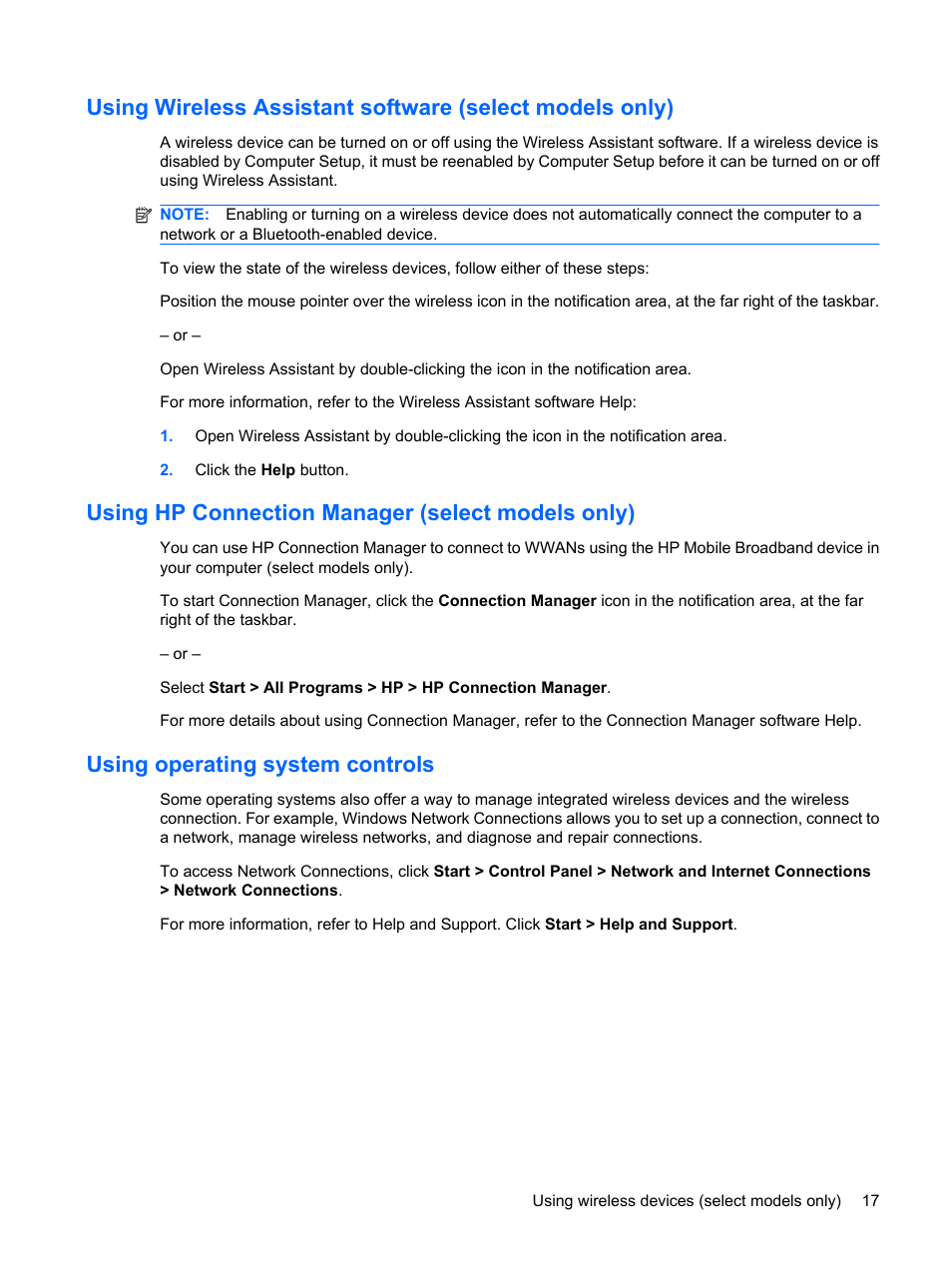 Using hp connection manager (select models only), Using operating system controls | HP EliteBook 8540w Mobile Workstation User Manual | Page 29 / 183