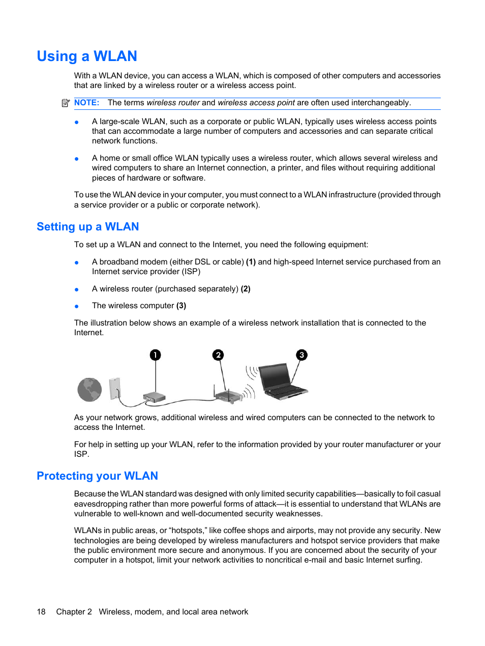 Using a wlan, Setting up a wlan, Protecting your wlan | Setting up a wlan protecting your wlan | HP EliteBook 8540w Mobile Workstation User Manual | Page 30 / 183