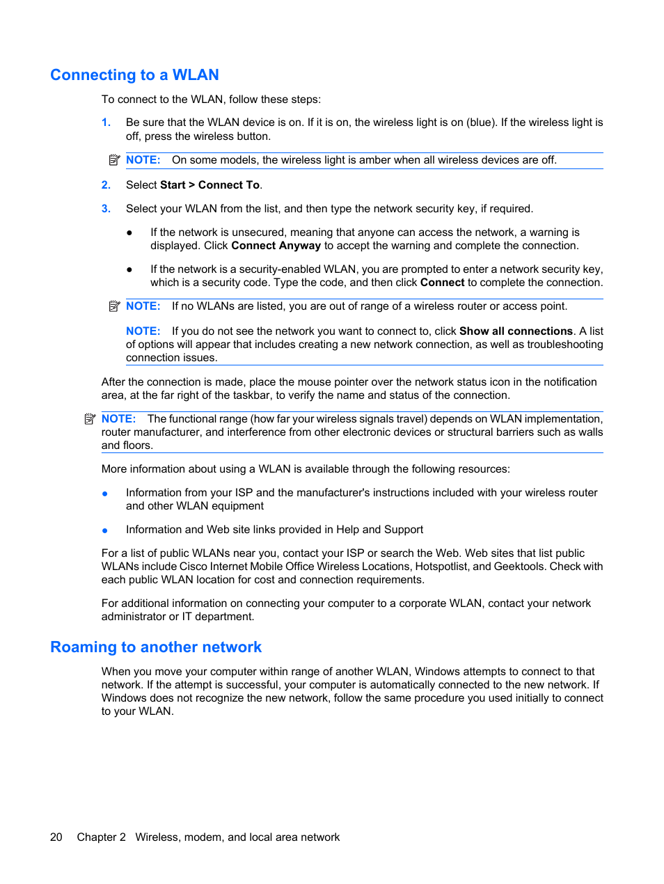 Connecting to a wlan, Roaming to another network, Connecting to a wlan roaming to another network | HP EliteBook 8540w Mobile Workstation User Manual | Page 32 / 183